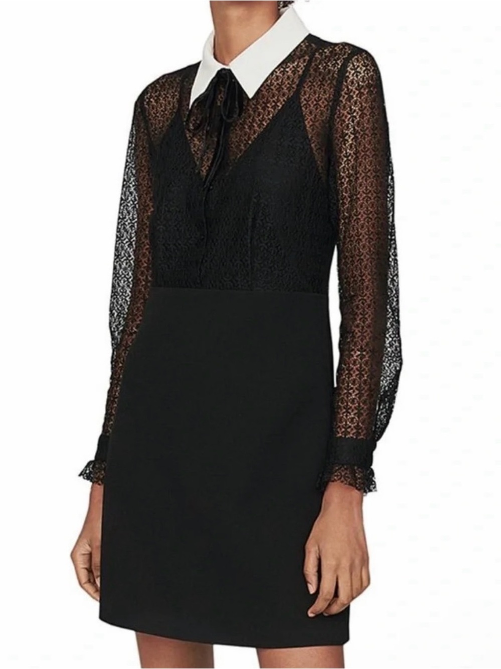 Maje Black Sheer Lace Mini Dress White Contrast Collar Size 36/Small